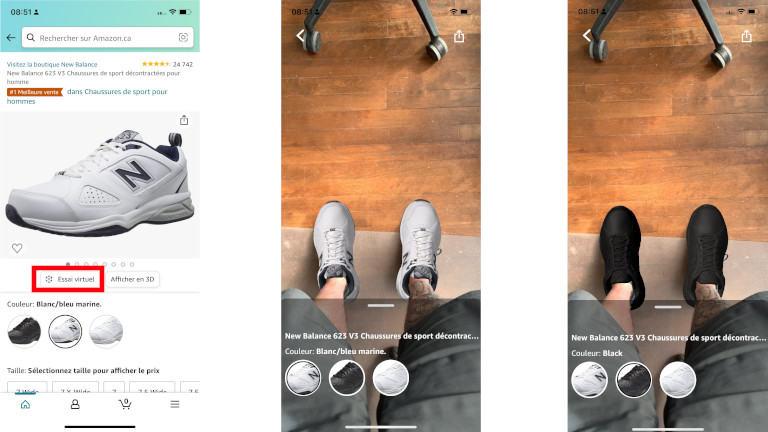 Grâce à la réalité augmentée, on peut essayer des chaussures via l'application mobile d'Amazon. Amazon essai virtuel chaussures souliers