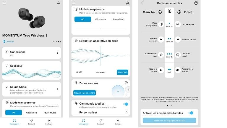 Un aperçu de l’application mobile de Sennheiser, compatible avec Android et iOS. aperçu application Sennheiser personnalisation son commandes tactiles