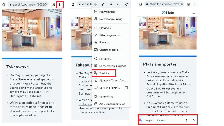 aper&ccedil;u marche &agrave; suivre Google Traduction mobile Chrome