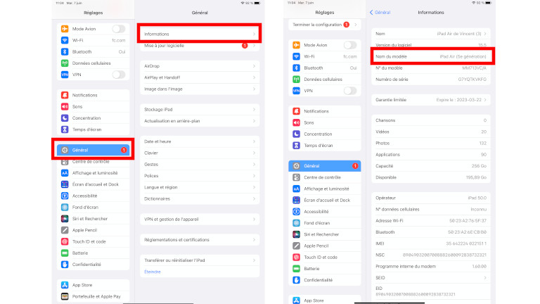 iPad OS 16 regarder num&eacute;ro mod&egrave;le