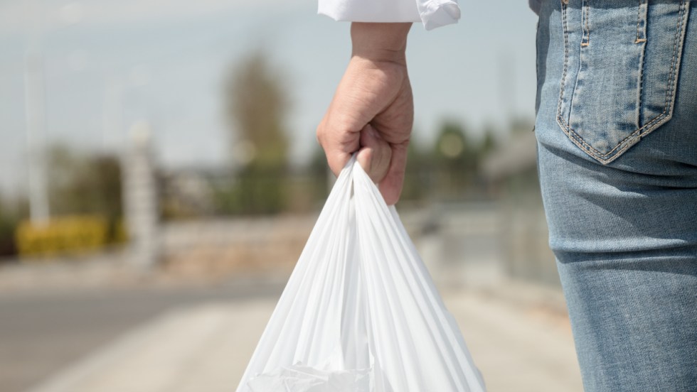 Une femme tient un sac en plastique d'une épicerie