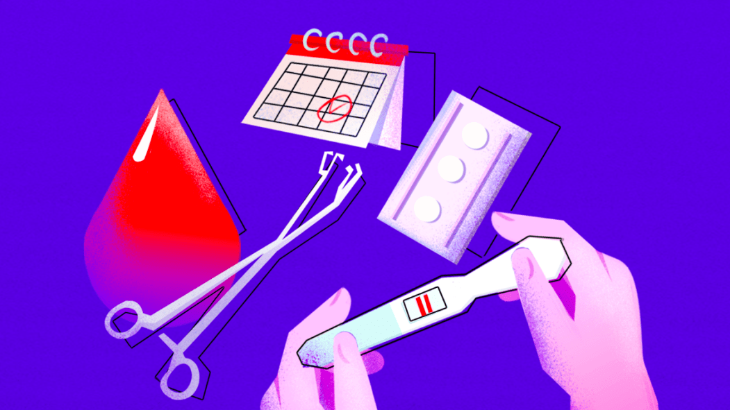 Montage illustrant les méthodes disponibles pour un avortement au Québec: une goutte de sang, un calendrier, un outil médical, une pilule et un test de grossesse.