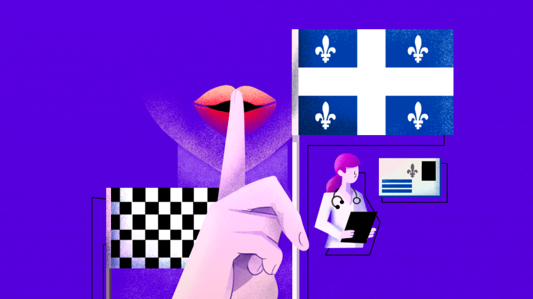 Montage décrivant les obstacles à l'avortement au Québec: un drapeau du Québec, un drapeau à carrés, une travailleuse de la santé et une carte d'identité.