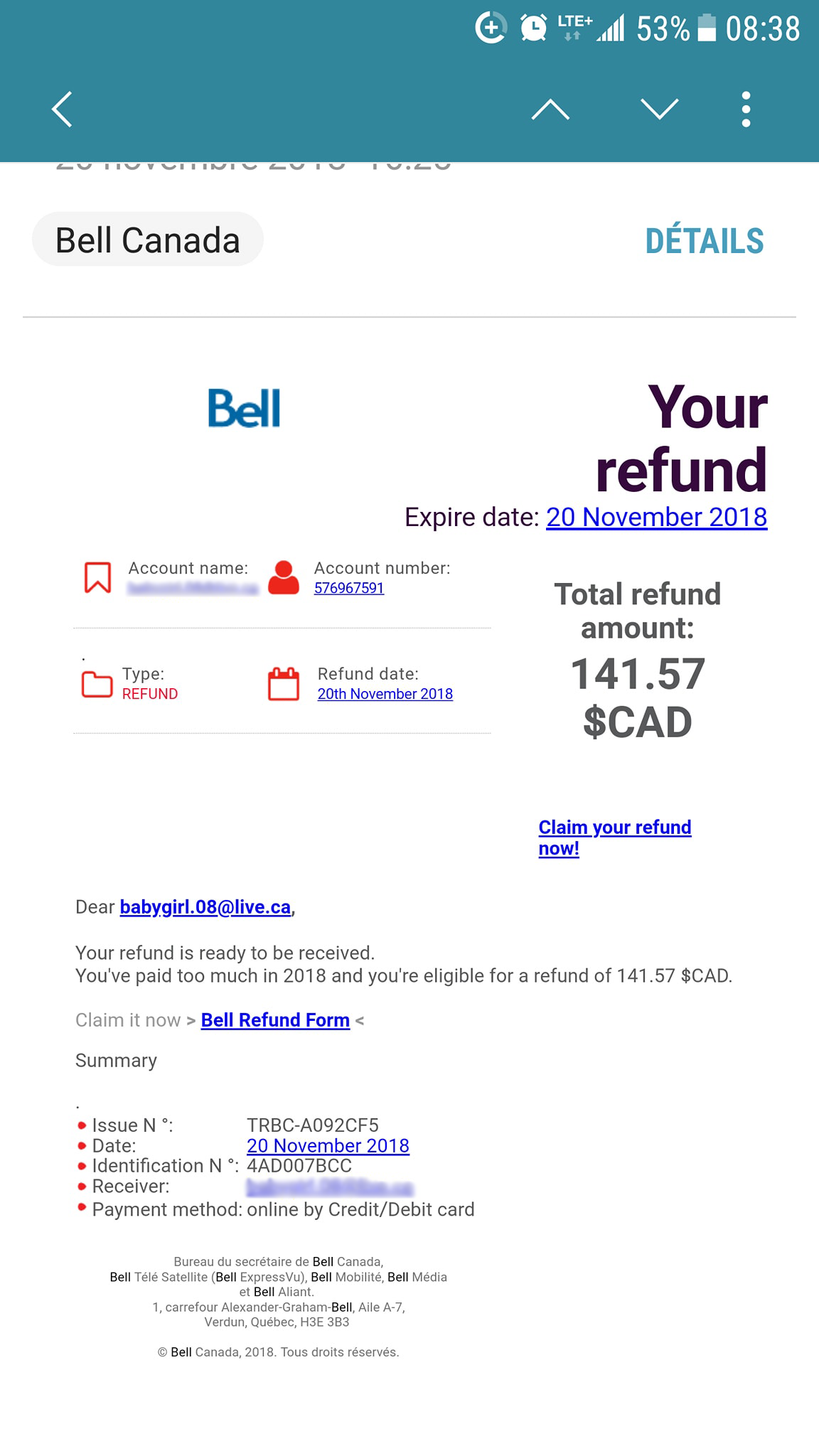 Voici l'un des faux messages de Bell Bell remboursement texto message texte