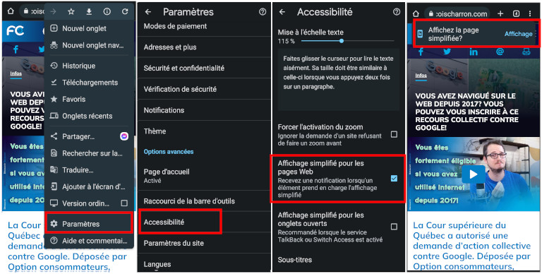 Voici les étapes pour activer l'affichage simplifié dans Google Chrome pour Android. activation parametre page simplifier google chrome instruction mobile