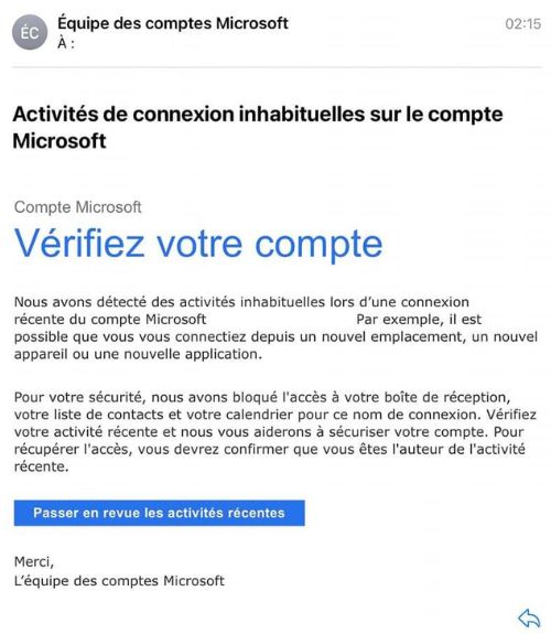 aper&ccedil;u courriel re&ccedil;u Microsoft activit&eacute; suspecte
