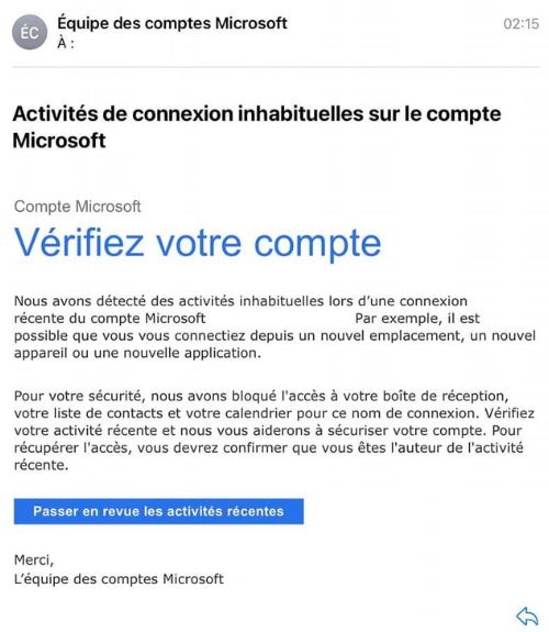 aperçu courriel reçu Microsoft activité suspecte