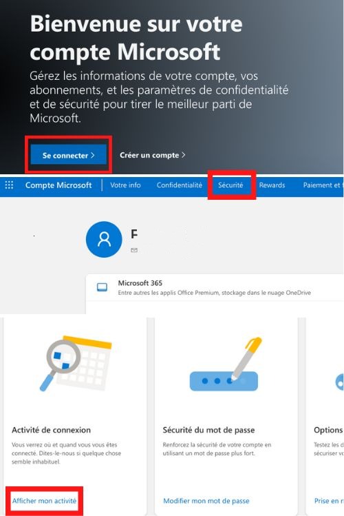 aper&ccedil;u v&eacute;rifier activit&eacute;s r&eacute;centes compte Microsoft