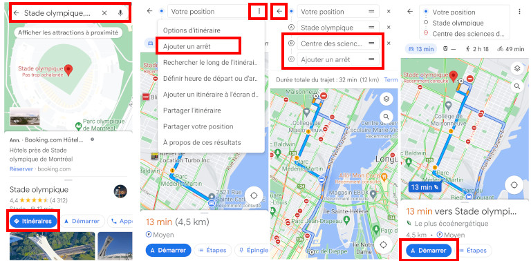 planification arret trajet itineraire google maps