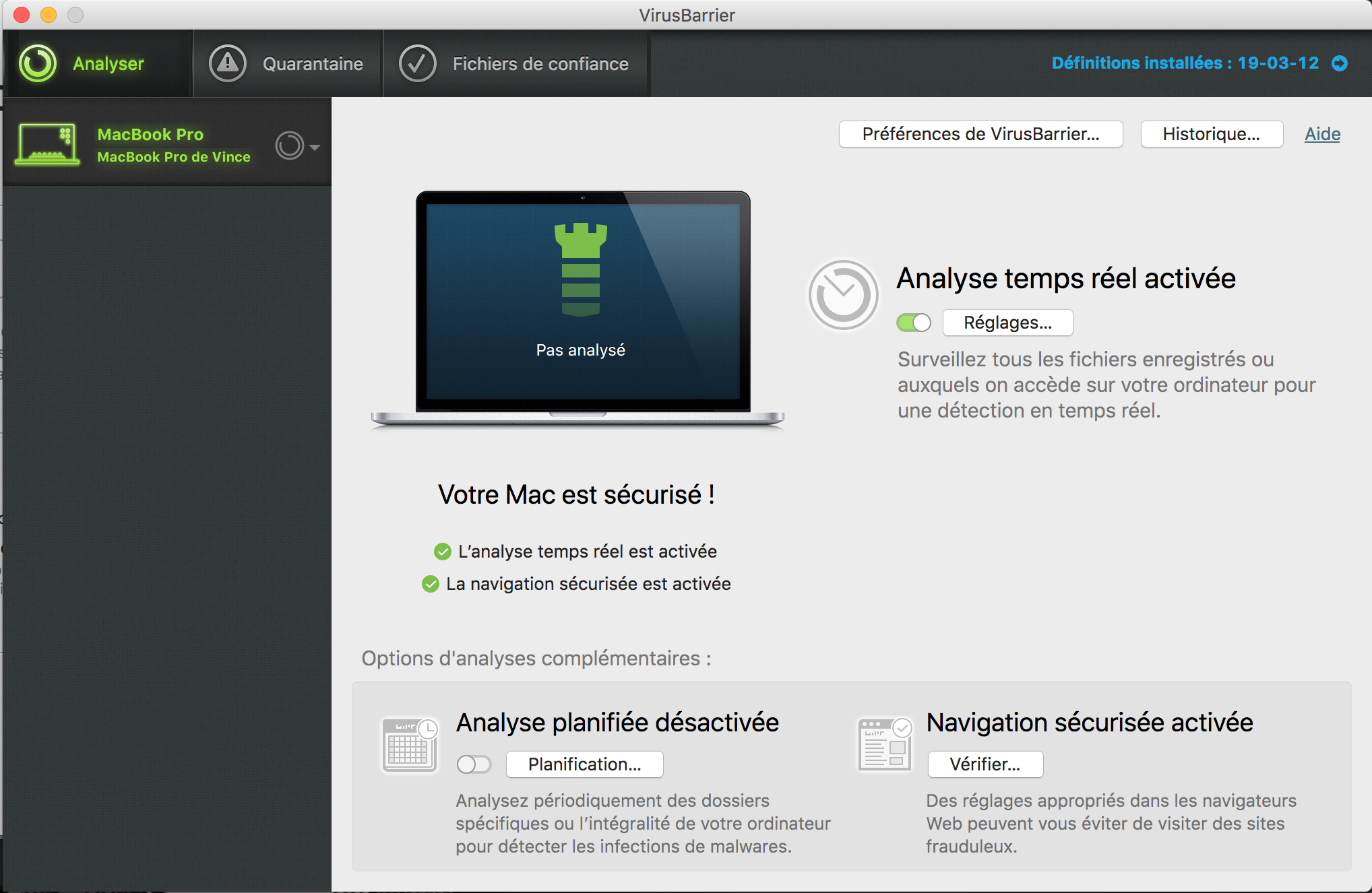 L'interface de l’antivirus VirusBarrier d’Intego est simple et est notamment disponible en français. Interface Intego Mac Prenium Bundle X9 antivirus Apple VirusBarrier