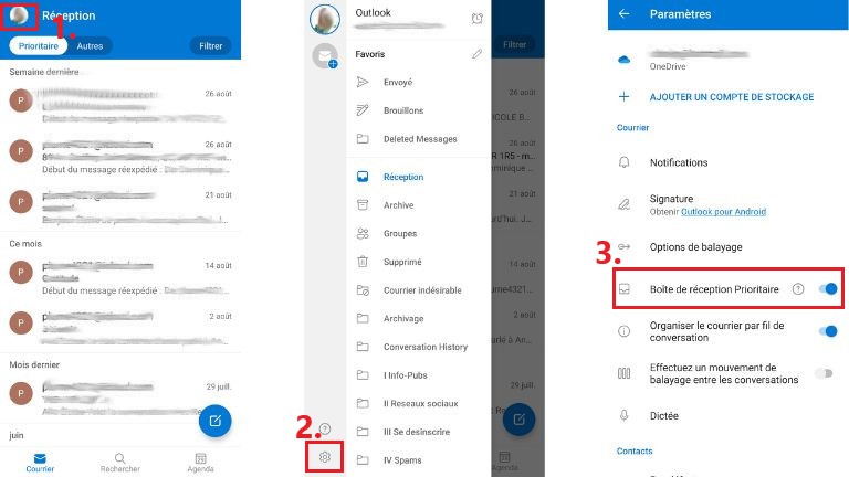 aper&ccedil;u activation bo&icirc;te r&eacute;ception prioritaire Outlook iOS Android