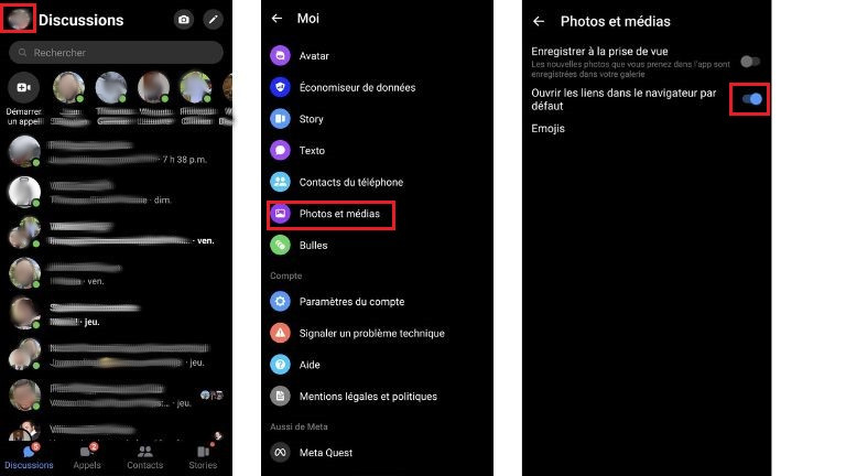 aper&ccedil;u &eacute;tapes d&eacute;sactiver navigateur interne Messenger appareil android