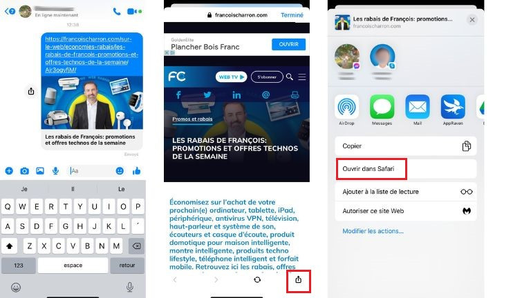 aper&ccedil;u &eacute;tapes d&eacute;sactiver navigateur interne Messenger appareil Apple