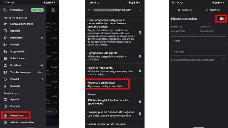 Comment envoyer r&eacute;ponse automatique Gmail application mobile