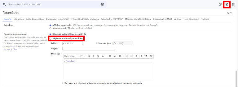 Comment envoyer courriel r&eacute;ponse automatique Gmail ordinateur