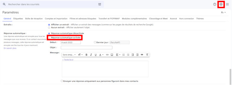 Comment envoyer courriel réponse automatique Gmail ordinateur