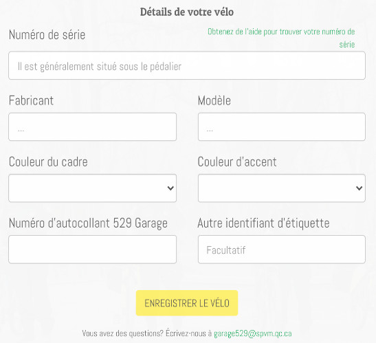 Les d&eacute;tails du formulaire &agrave; remplir en ligne pour enregistrer son v&eacute;lo