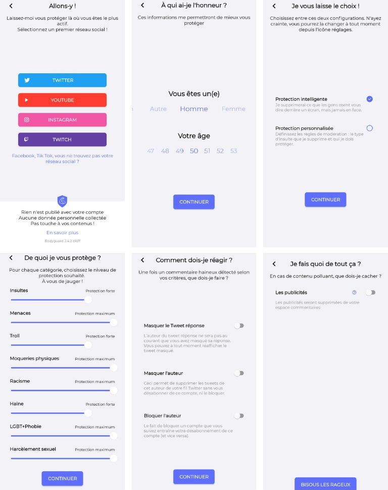 On peut choisir le degré de protection que l’on veut selon chaque catégorie de messages. Application Bodyguard gestion médias sociaux