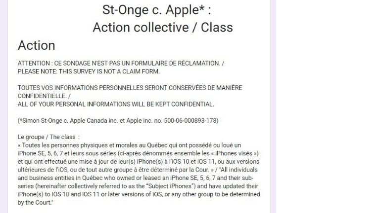 Un aperçu du courriel que plusieurs personnes potentiellement concernées ont reçu. aperçu courriel reçu recours collective apple