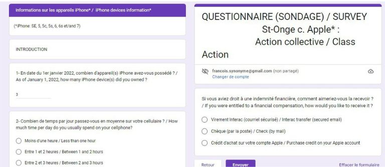 Un aperçu des divers points abordés dans le questionnaire reçu par courriel. aperçu questionnaire action collective iphone 5 6 7 apple