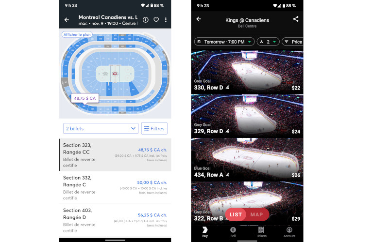 Même si les prix sont en dollars américains, Gametime est plus intéressant qu’acheter sur la boutique officielle (image de gauche). Application Gametime prix billets hockey
