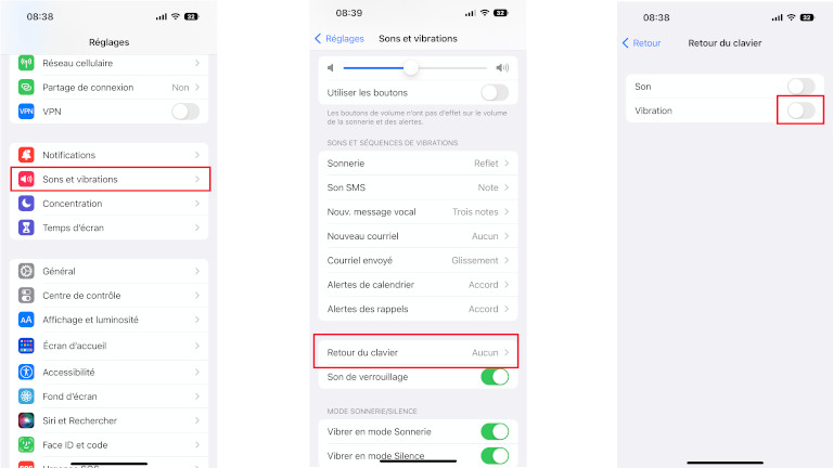 Comment d&eacute;sactiver vibration clavier iPhone iOS 16
