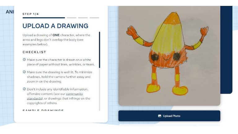 Il faut se rendre sur le site Web d'Animated Drawings de Meta. Étape 1 dessin animé enfant Meta