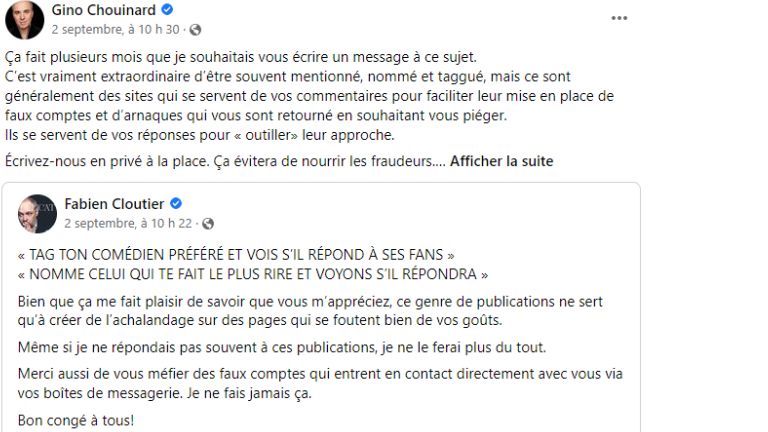Fabien Cloutier et Gino Chouinard ont été les premiers à dénoncer le modus operandi. fabien cloutier gino chouinard dénonciation modus operandi publication Facebook artistes