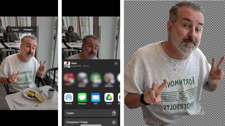 Avec iOS 16, c'est d'une simplicité magique que d'extraire le sujet d'une photo et créer un fichier PNG avec fond transparant. iPhone iOS 16 extraire photo PNG