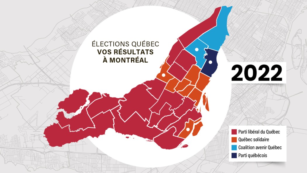 Carte des résultats des élections provinciales 2022 sur l'île de Montréal
