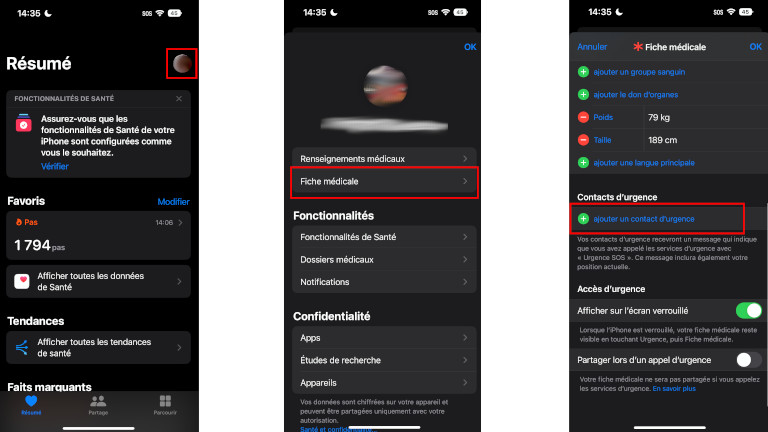 Entrer contact urgence application Sant&eacute;