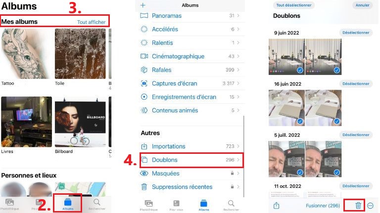 Un aperçu de la marche à suivre pour trouver et effacer ses doublons. aperçu marche à suivre suppression doublons iOS 16