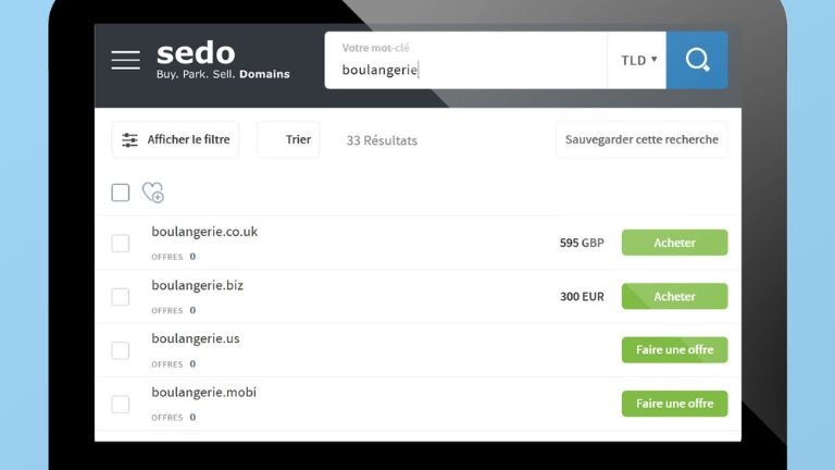 Sedo nous permet de trouver des noms de domaine et de les acheter en toute sécurité. base de données noms de domaine Sedo propositions d'achat