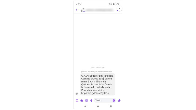 Voici le message texte prétendant nous donner 500$ pour contrer l’inflation. Faux texto bouclier anti-inflation
