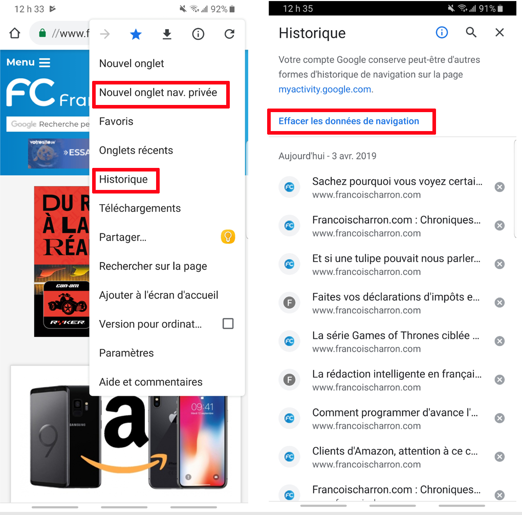 Effacer historique navigation Google Chrome mobile navigation priv&eacute;e