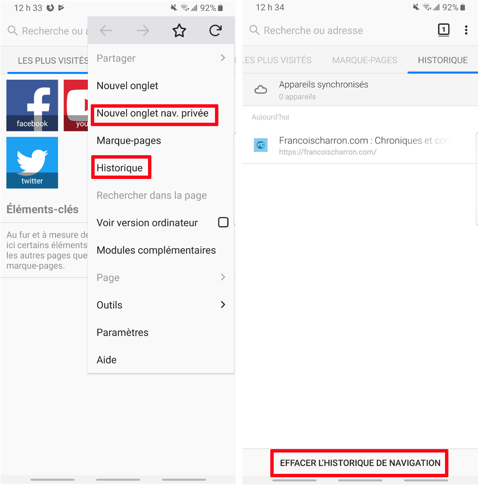 Firefox mobile effacer historique navigation priv&eacute;e