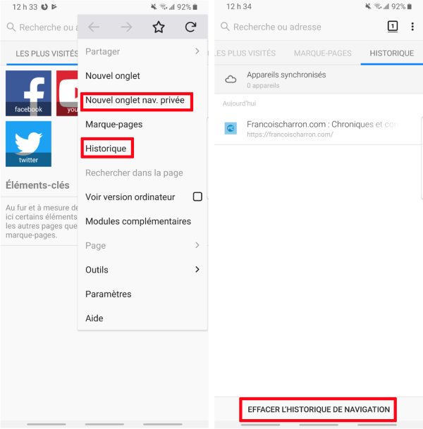 Firefox mobile effacer historique navigation priv&eacute;e