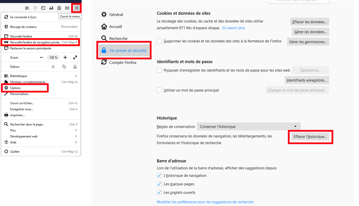 Firefox ordinateur effacer historique navigation priv&eacute;e
