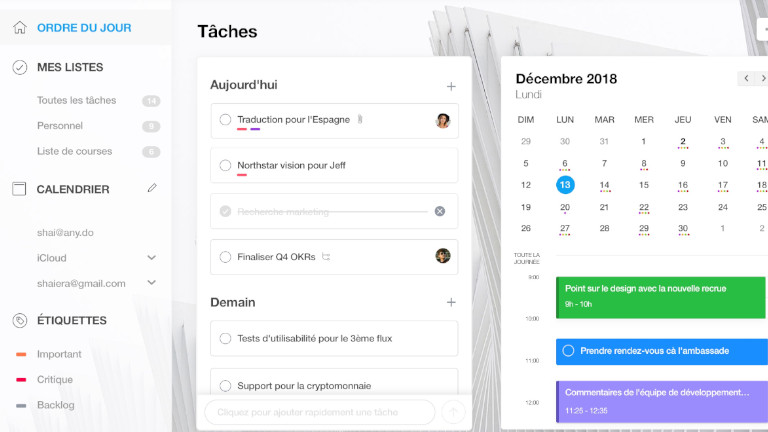Avec l'option de couleur, il est plus facile de s'y retrouver! Agenda Any.do réunion calendrier