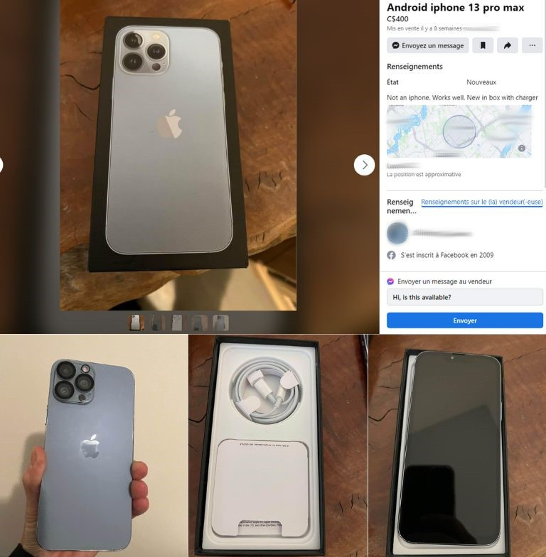 Une annonce Marketplace aperçue sur Facebook où le vendeur « avoue » vendre une copie. apercu-annonce Marketplace faux iPhone téléphone Android