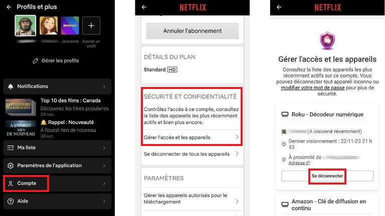 La marche à suivre pour gérer les accès et les appareils de notre compte Netflix via un appareil Android. aperçu comment activer fonction sécurité Netflix