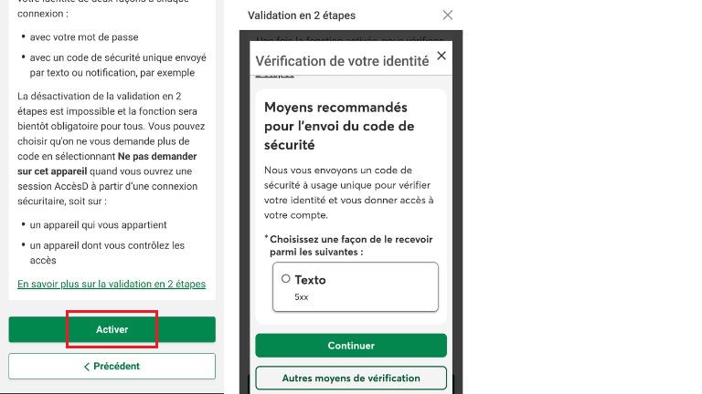 comment activer 2FA Desjardins Acc&egrave;sd mobile