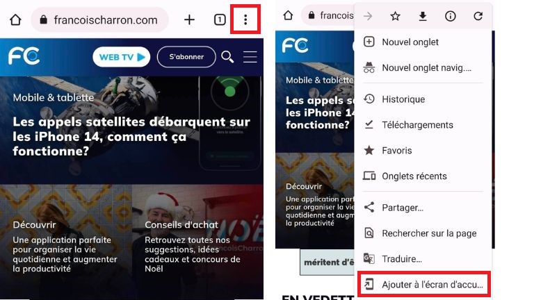 La marche à suivre pour créer un raccourci depuis le navigateur de Google, Chrome. comment créer un raccourci site web mobile chrome