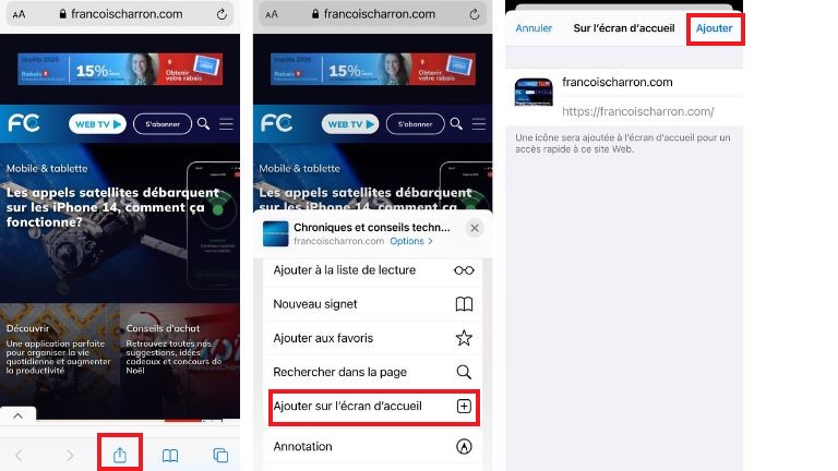 La marche à suivre pour créer un raccourci vers un site web depuis le navigateur Safari. comment créer un raccourci site web mobile safari