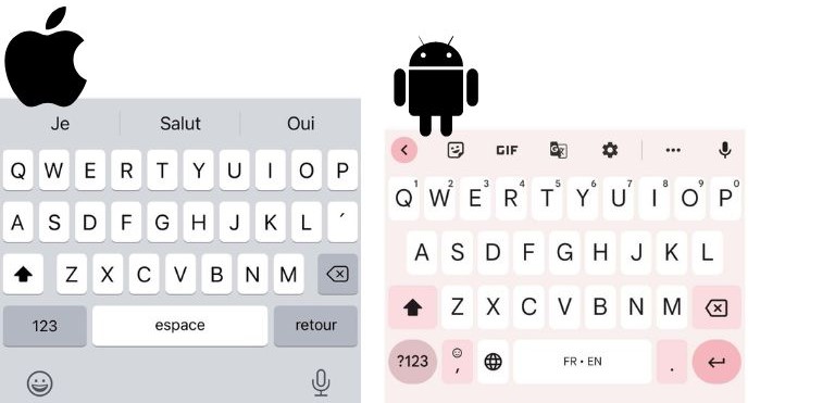La différence entre le clavier d’iOS et le clavier d’un téléphone Pixel de Google. différence clavier iOS vs. Android