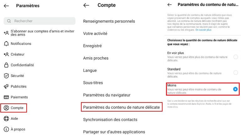 aper&ccedil;u comment param&eacute;trer contenu sensible page explorer instagram