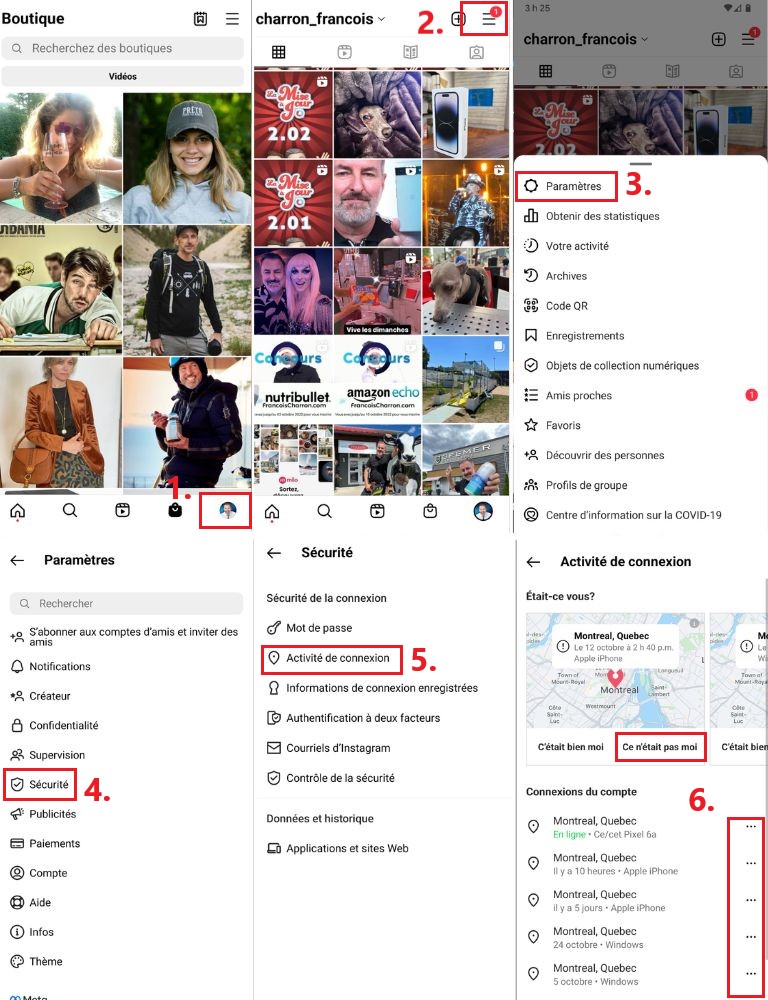 Instagram activités connexion compte piraté compromis sécurité