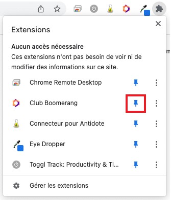 Un aper&ccedil;u de la marche &agrave; suivre pour &eacute;pingler l'extension du Club Boomerang dans Google Chrome.