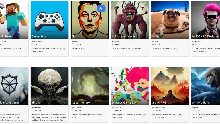 aper&ccedil;u des personnages retrouves sur character.AI