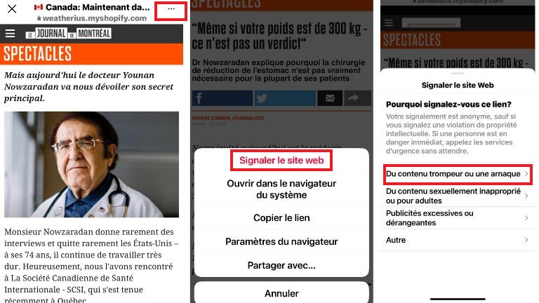 signaler un site web frauduleux sur instagram